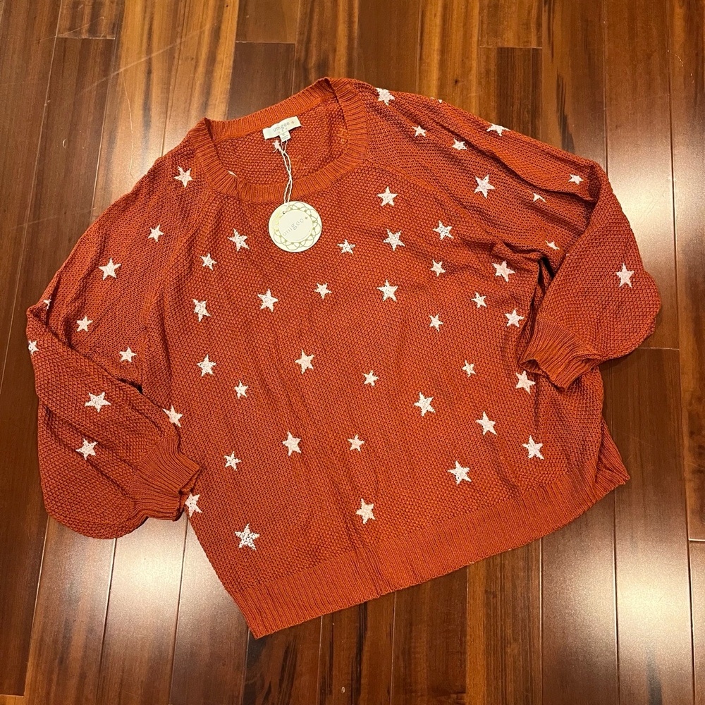 Umgee Star Print Sweater Rust Orange Long Sleeve Textured Knit New Size XL